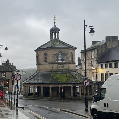 Butter market on a grey, drizzly day in Barnard Castle
